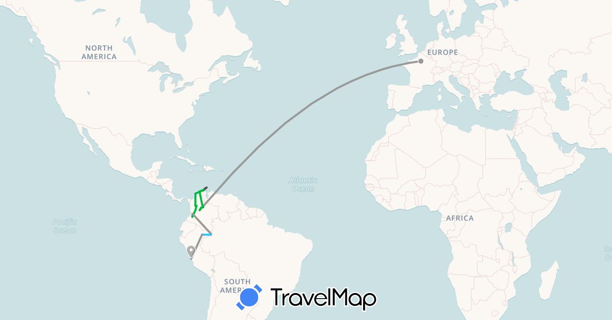 TravelMap itinerary: driving, bus, plane, boat, motorbike in Colombia, France, Peru (Europe, South America)